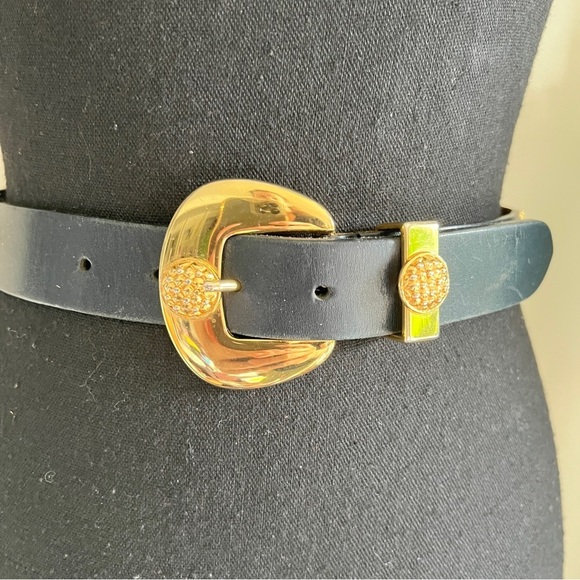 ESCADA St. Michael Collaboration Navy Blue Leather Gold Tone Hardware VTG Belt